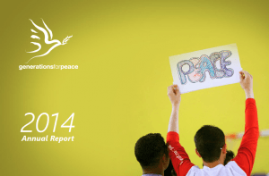 volunteers holding a drawing of the word Peace for 2014 annual report