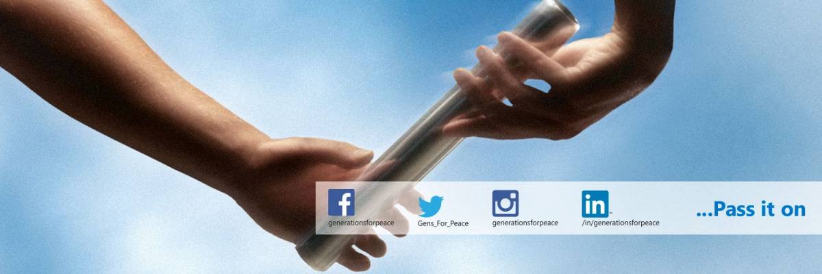two children's hands passing a baton to one another with a blue sky background, with the caption "...Pass it on", with the facebook, twitter, instagram and in addresses of Generations For Peace